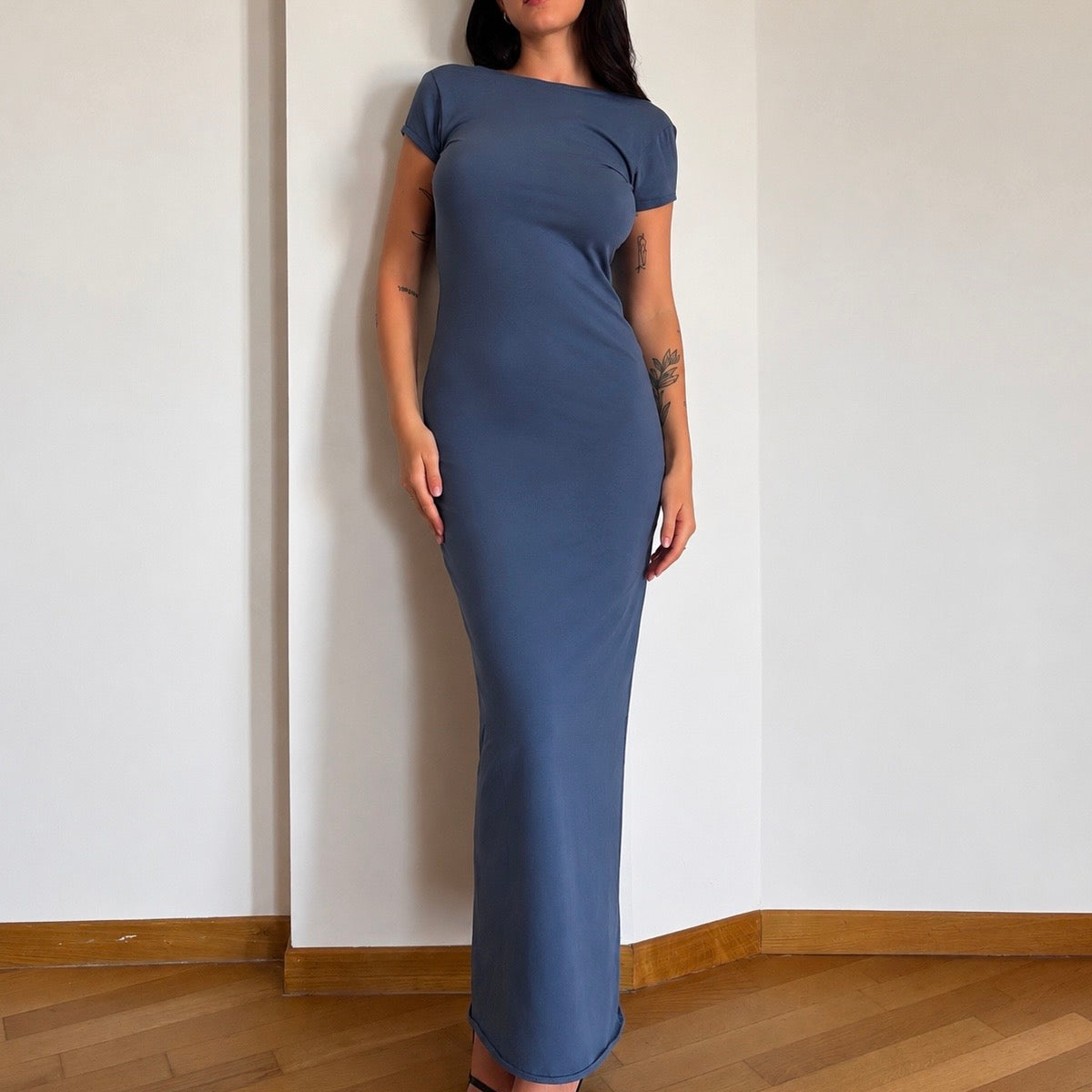 abito backless cotton blu
